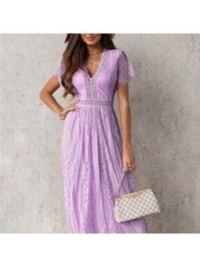 Elegant Lavender Lace Maxi Dress boho gown